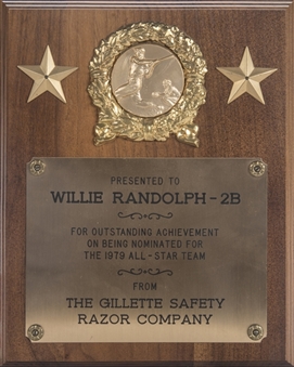 1979 All-Star Team Outstanding Achievement Award Presented to Willie Randolph From Gillette Razor Company (Randolph LOA)